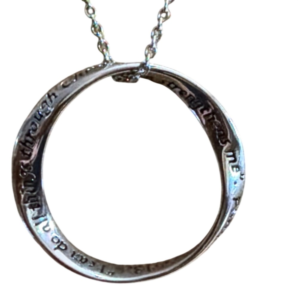 Philippians 4:13 Scripture Mobius Circle‎ Pendant Necklace Silver Tone Faith
